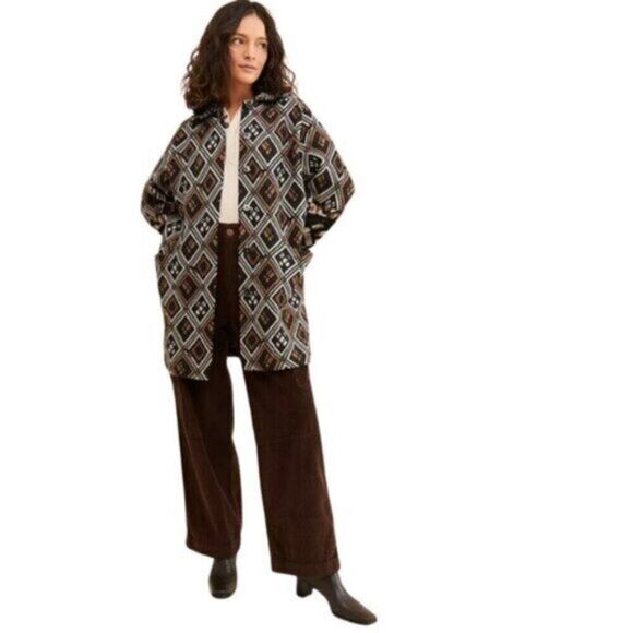 Anthropologie Field Flower Geo Wool Oversized Sweater Coat Brown Multi Medium - Picture 1 of 11